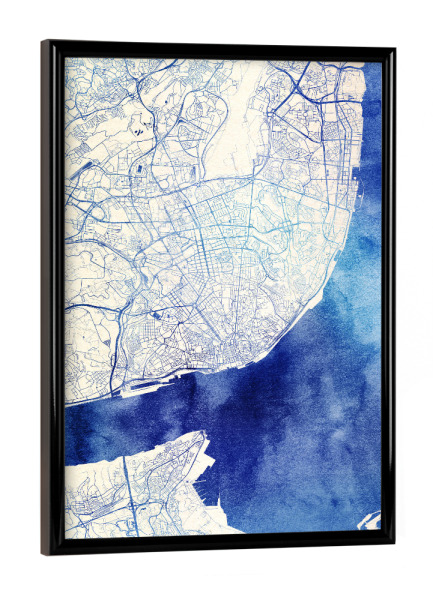 Poster mit schwarzem Rahmen "Lissabon Portugal Blue Infusion Map I" artboxONE - Städte,Reise,Kartografie - Städte,Stadtkarte,Wasserfarbe,Rosequartz