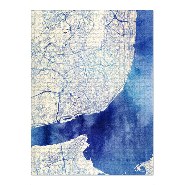 Puzzle Ravensburger "Lissabon Portugal Blue Infusion Map I" artboxONE - Städte,Reise,Kartografie - Städte,Stadtkarte,Wasserfarbe,Rosequartz