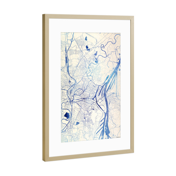 Poster mit Rahmen Gold "Straßburg Frankreich Blue Infusion Map I" artboxONE - Städte,Reise,Kartografie - Städte,Stadtkarte,Wasserfarbe,Rosequartz