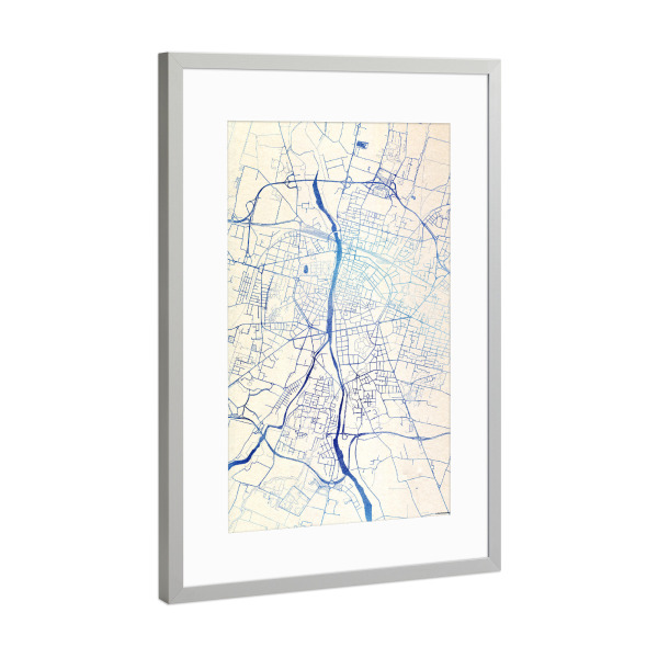 Poster mit Rahmen Silber "Parma Italien Blue Infusion Map II" artboxONE - Städte,Reise,Kartografie - Städte,Stadtkarte,Wasserfarbe,Rosequartz