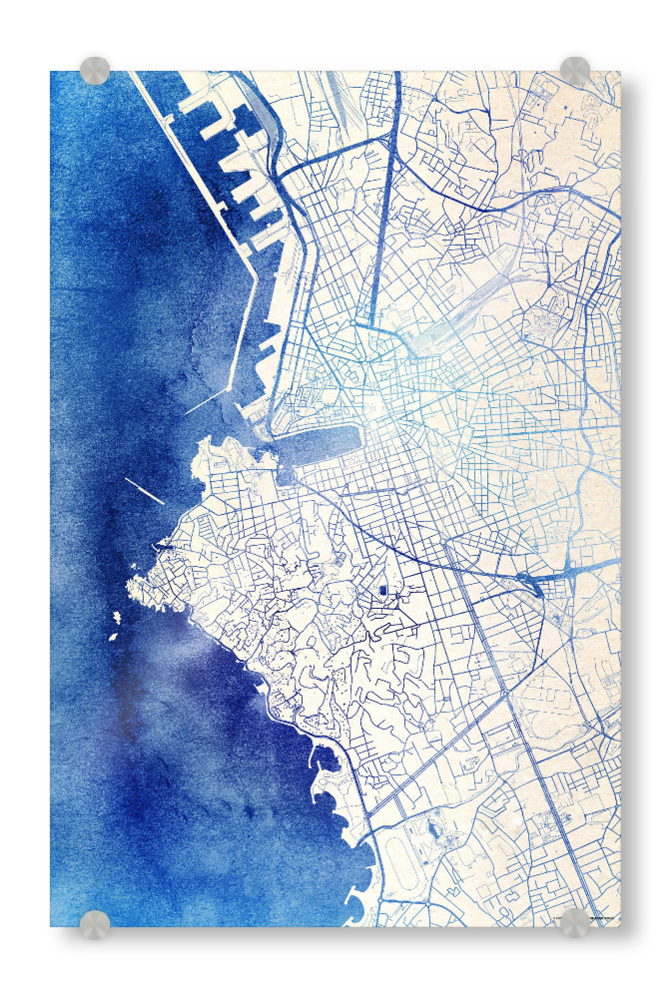 Acrylglasbild "Marseille Frankreich Blue Infusion Map II" artboxONE - Städte,Reise,Kartografie - Städte,Stadtkarte,Wasserfarbe,Rosequartz