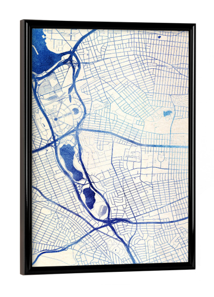 Poster mit schwarzem Rahmen "Queens USA Blue Infusion Map II" artboxONE - Städte,Reise,Kartografie - Städte,Stadtkarte,Wasserfarbe,Rosequartz