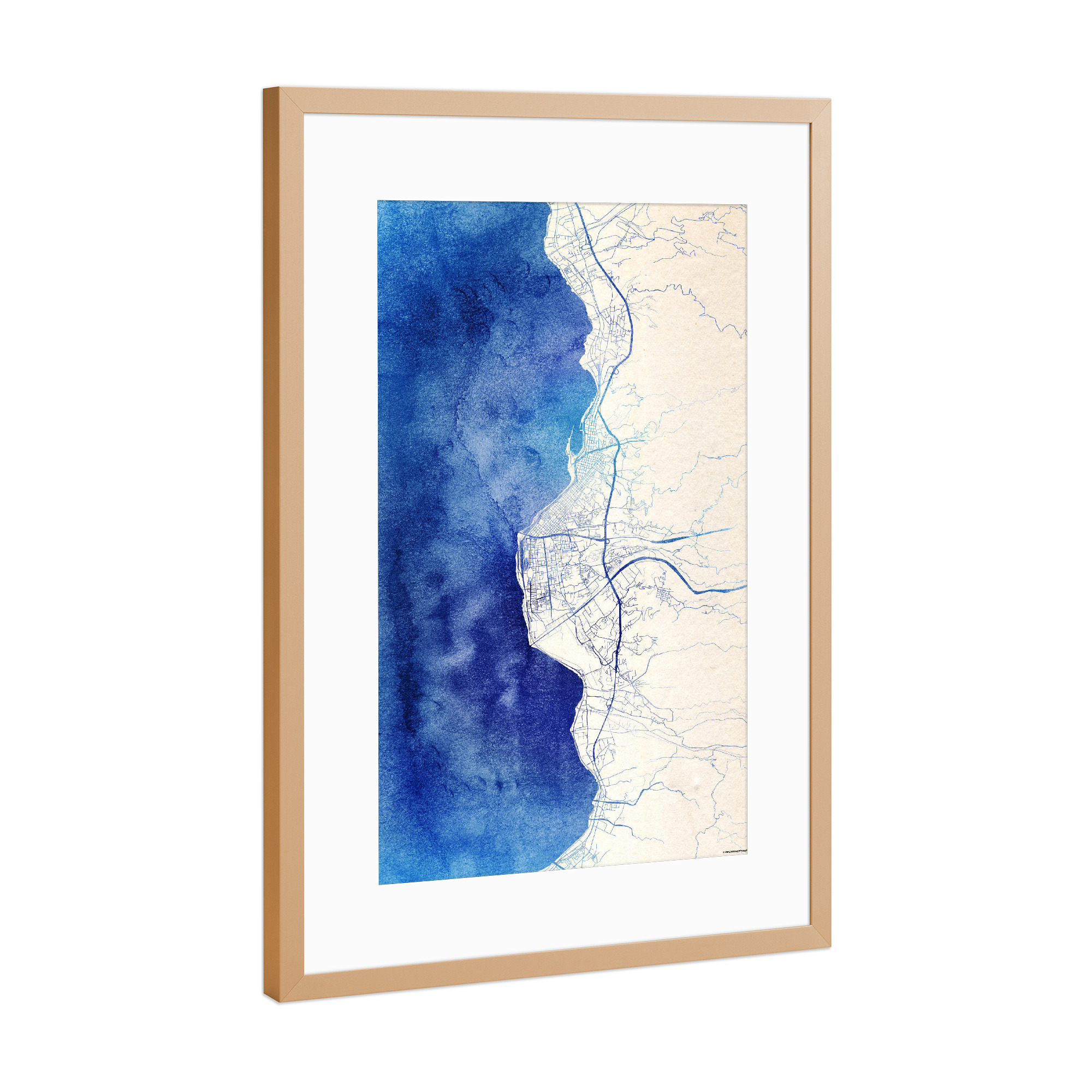 Poster mit Rahmen Kupfer "Reggio-Calabria Italien Blue Infusion Map II" artboxONE - Städte,Reise,Kartografie