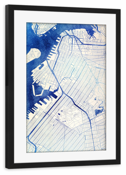 Poster mit Rahmen schwarz "Brooklyn USA Blue Infusion Map I" artboxONE - Städte,Reise,Kartografie - Städte,Stadtkarte,Wasserfarbe,Rosequartz