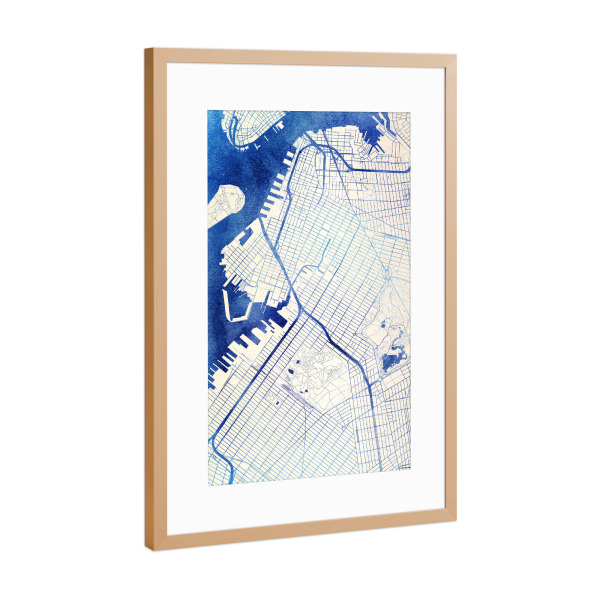 Poster mit Rahmen Kupfer "Brooklyn USA Blue Infusion Map I" artboxONE - Städte,Reise,Kartografie - Städte,Stadtkarte,Wasserfarbe,Rosequartz