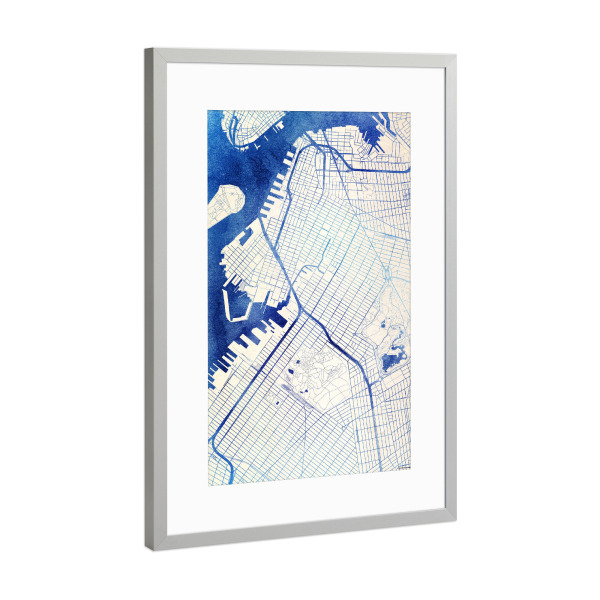 Poster mit Rahmen Silber "Brooklyn USA Blue Infusion Map I" artboxONE - Städte,Reise,Kartografie - Städte,Stadtkarte,Wasserfarbe,Rosequartz