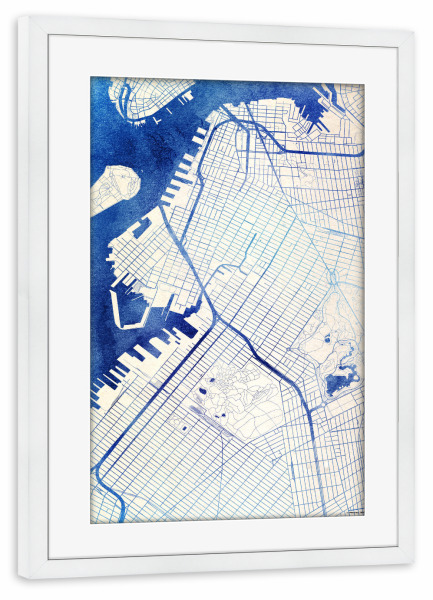 Poster mit Rahmen weiß "Brooklyn USA Blue Infusion Map I" artboxONE - Städte,Reise,Kartografie - Städte,Stadtkarte,Wasserfarbe,Rosequartz