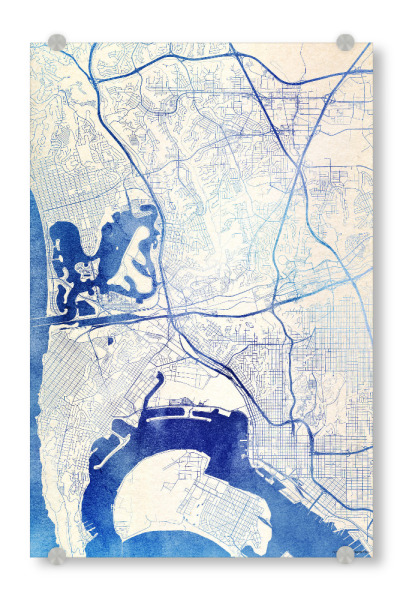 Acrylglasbild "San-Diego USA Blue Infusion Map II" artboxONE - Städte,Reise,Kartografie - Städte,Stadtkarte,Wasserfarbe,Rosequartz