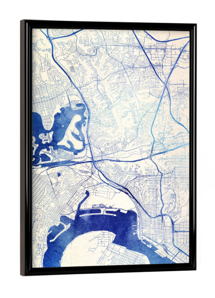 Poster mit schwarzem Rahmen "San-Diego USA Blue Infusion Map II" artboxONE - Städte,Reise,Kartografie - Städte,Stadtkarte,Wasserfarbe,Rosequartz