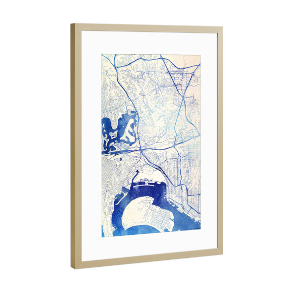 Poster mit Rahmen Gold "San-Diego USA Blue Infusion Map II" artboxONE - Städte,Reise,Kartografie - Städte,Stadtkarte,Wasserfarbe,Rosequartz