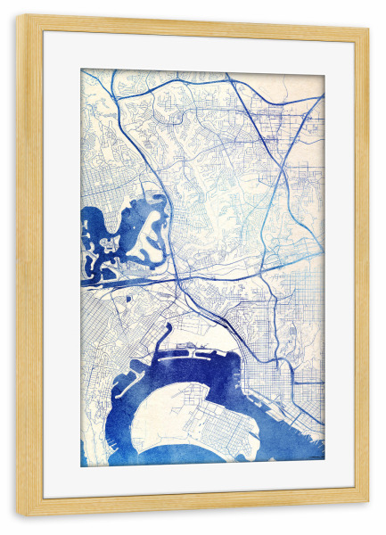 Poster mit Rahmen kiefer "San-Diego USA Blue Infusion Map II" artboxONE - Städte,Reise,Kartografie - Städte,Stadtkarte,Wasserfarbe,Rosequartz