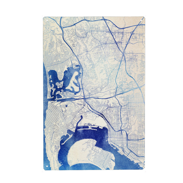 Metall Poster "San-Diego USA Blue Infusion Map II" artboxONE - Städte,Reise,Kartografie - Städte,Stadtkarte,Wasserfarbe,Rosequartz - Blechschild