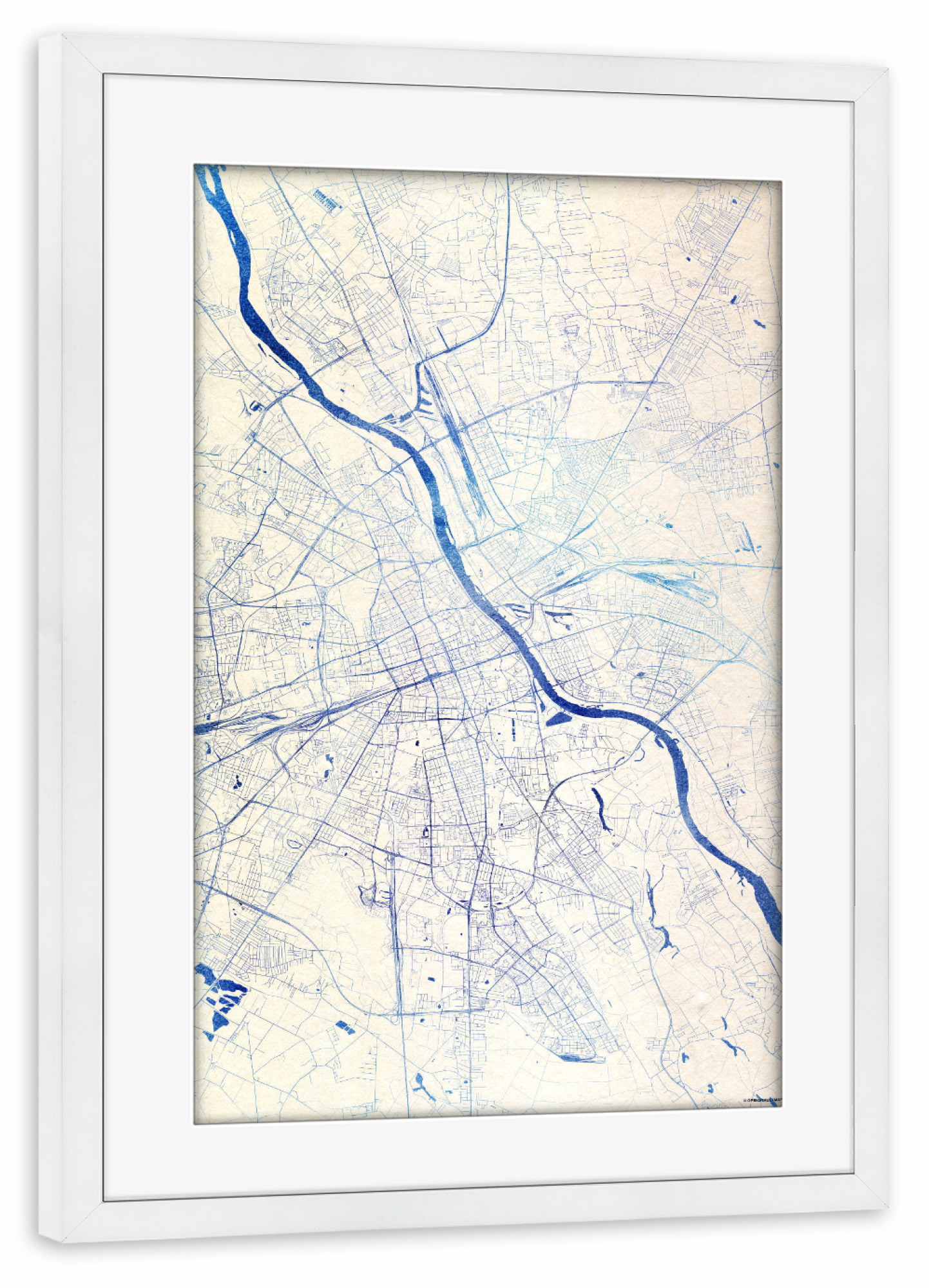 Poster mit Rahmen weiß "Warschau Polen Blue Infusion Map I" artboxONE - Städte,Reise,Kartografie - Städte,Stadtkarte,Wasserfarbe,Rosequartz
