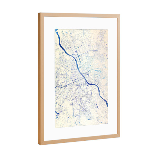Poster mit Rahmen Kupfer "Warschau Polen Blue Infusion Map I" artboxONE - Städte,Reise,Kartografie - Städte,Stadtkarte,Wasserfarbe,Rosequartz