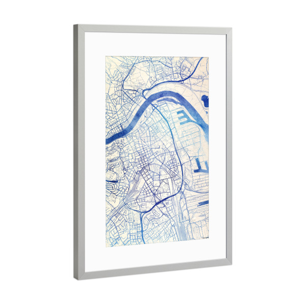 Poster mit Rahmen Silber "Linz Österreich Blue Infusion Map I" artboxONE - Städte,Reise,Kartografie - Städte,Stadtkarte,Wasserfarbe,Rosequartz