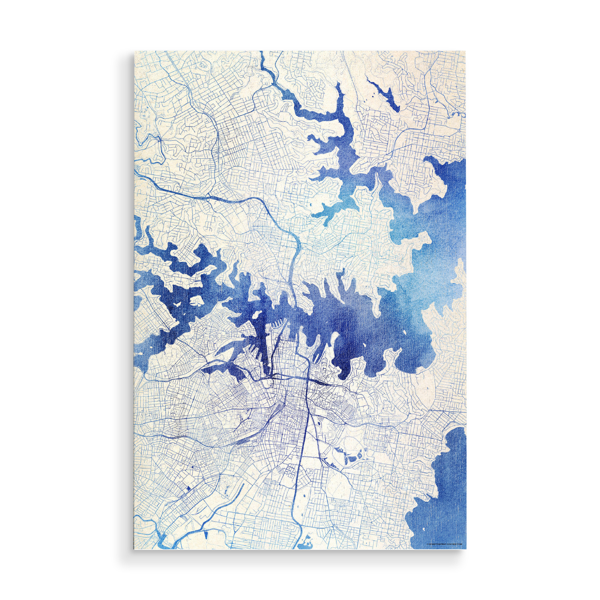 Holzbild "Sydney Australien Blue Infusion Map II" artboxONE - Städte,Reise,Kartografie - Städte,Stadtkarte,Wasserfarbe,Rosequartz