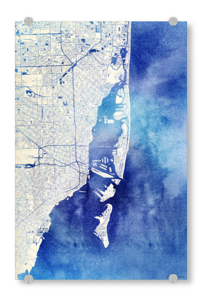 Acrylglasbild "Miami USA Blue Infusion Map I" artboxONE - Städte,Reise,Kartografie - Städte,Stadtkarte,Wasserfarbe,Rosequartz