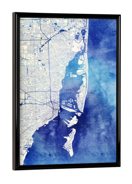 Poster mit schwarzem Rahmen "Miami USA Blue Infusion Map I" artboxONE - Städte,Reise,Kartografie - Städte,Stadtkarte,Wasserfarbe,Rosequartz