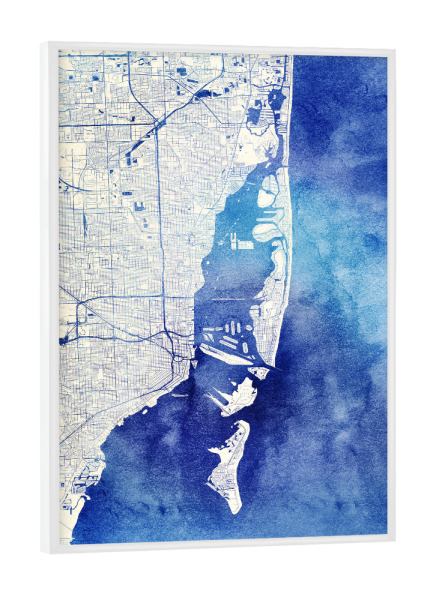 Poster mit weißem Rahmen "Miami USA Blue Infusion Map I" artboxONE - Städte,Reise,Kartografie - Städte,Stadtkarte,Wasserfarbe,Rosequartz