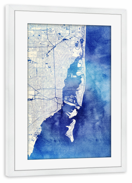 Poster mit Rahmen weiß "Miami USA Blue Infusion Map I" artboxONE - Städte,Reise,Kartografie - Städte,Stadtkarte,Wasserfarbe,Rosequartz
