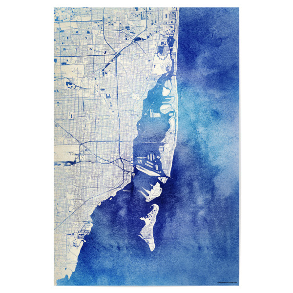 Poster 30x20 cm "Miami USA Blue Infusion Map I" artboxONE - Städte,Reise,Kartografie - Städte,Stadtkarte,Wasserfarbe,Rosequartz