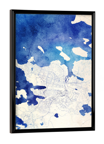 Poster mit schwarzem Rahmen "Reykjavík Island Blue Infusion Map I" artboxONE - Städte,Reise,Kartografie - Städte,Stadtkarte,Wasserfarbe,Rosequartz