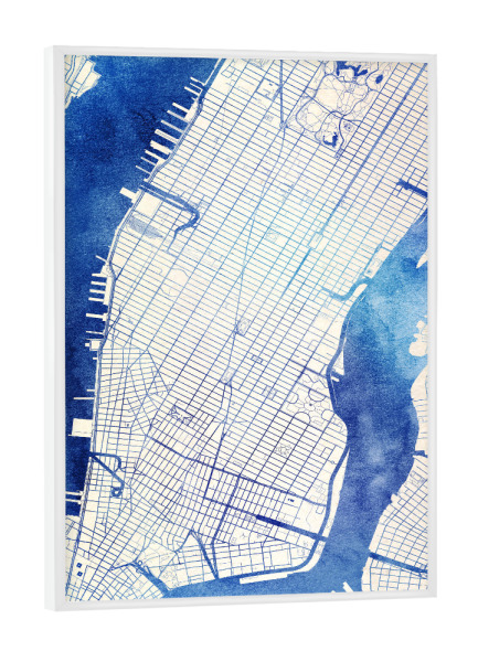 Poster mit weißem Rahmen "Manhattan USA Blue Infusion Map I" artboxONE - Städte,Reise,Kartografie - Städte,Stadtkarte,Wasserfarbe,Rosequartz