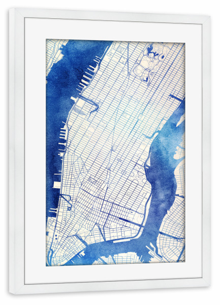 Poster mit Rahmen weiß "Manhattan USA Blue Infusion Map I" artboxONE - Städte,Reise,Kartografie - Städte,Stadtkarte,Wasserfarbe,Rosequartz