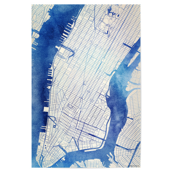 Poster 30x20 cm "Manhattan USA Blue Infusion Map I" artboxONE - Städte,Reise,Kartografie - Städte,Stadtkarte,Wasserfarbe,Rosequartz