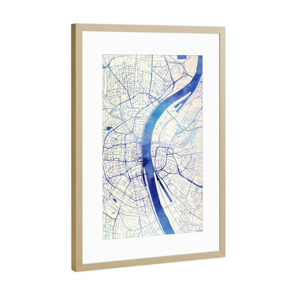 Poster mit Rahmen Gold "Köln Deutschland Blue Infusion Map II" artboxONE - Städte,Reise,Kartografie - Städte,Stadtkarte,Wasserfarbe,Rosequartz