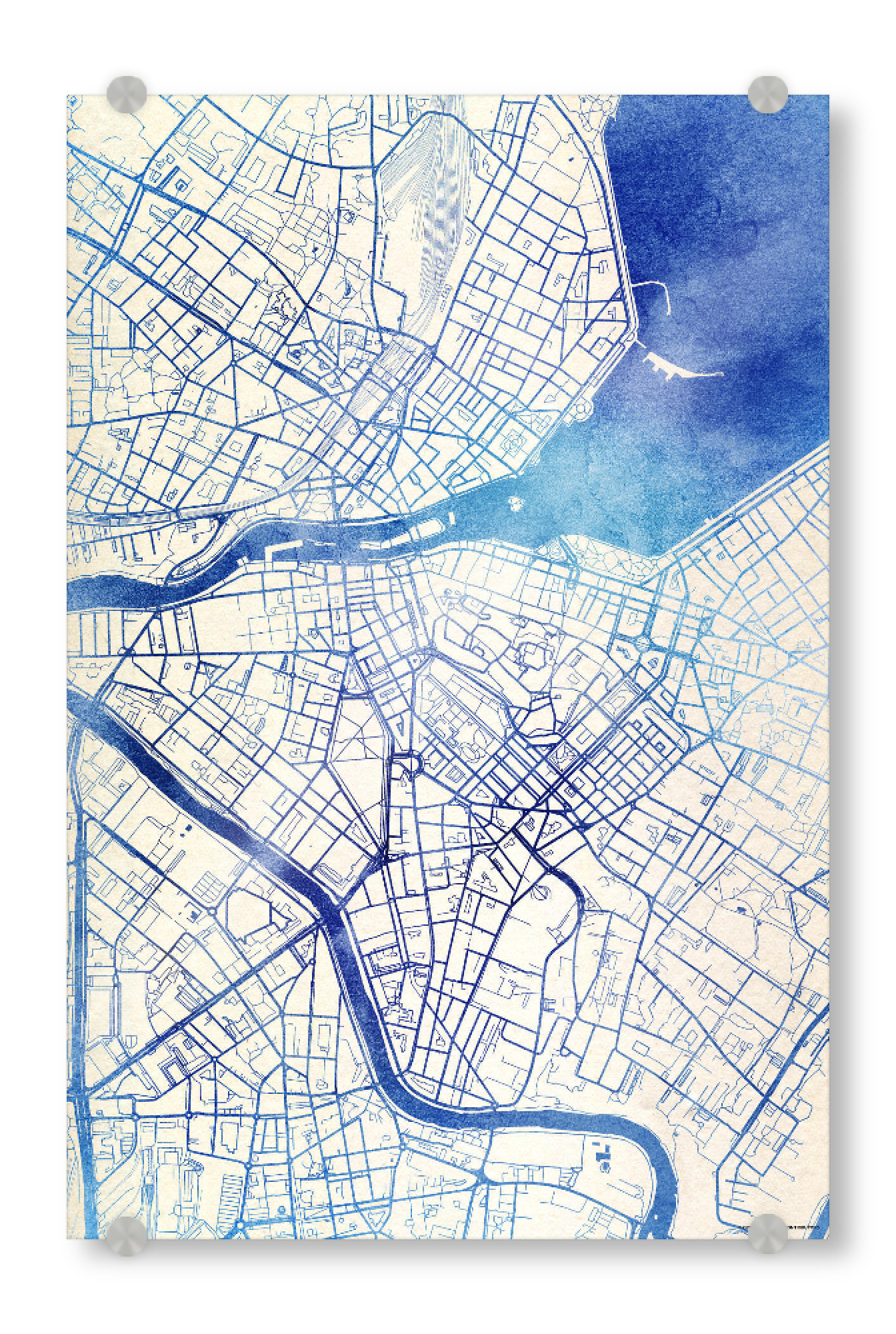 Acrylglasbild "Genf Schweiz Blue Infusion Map I" artboxONE - Städte,Reise,Kartografie - Städte,Stadtkarte,Wasserfarbe,Rosequartz