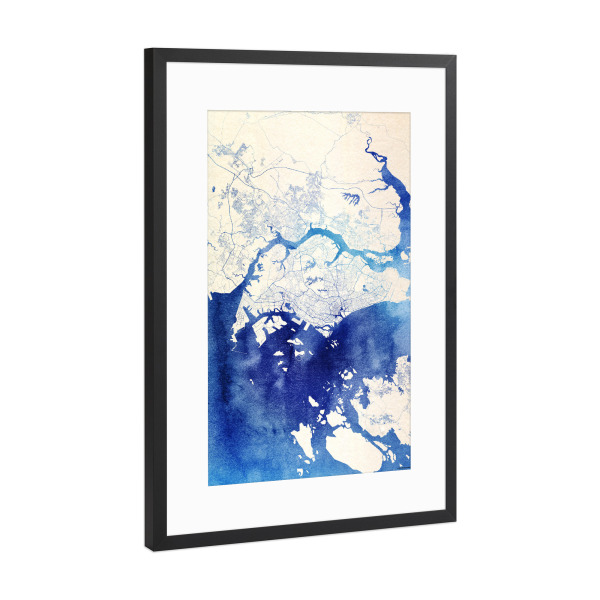 Poster mit Rahmen Schwarz (Metallic) "Singapur Blue Infusion Map I" artboxONE - Städte,Reise,Kartografie - Städte,Stadtkarte,Wasserfarbe,Rosequartz