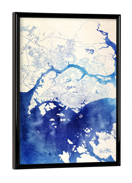 Poster mit schwarzem Rahmen "Singapur Blue Infusion Map I" artboxONE - Städte,Reise,Kartografie - Städte,Stadtkarte,Wasserfarbe,Rosequartz