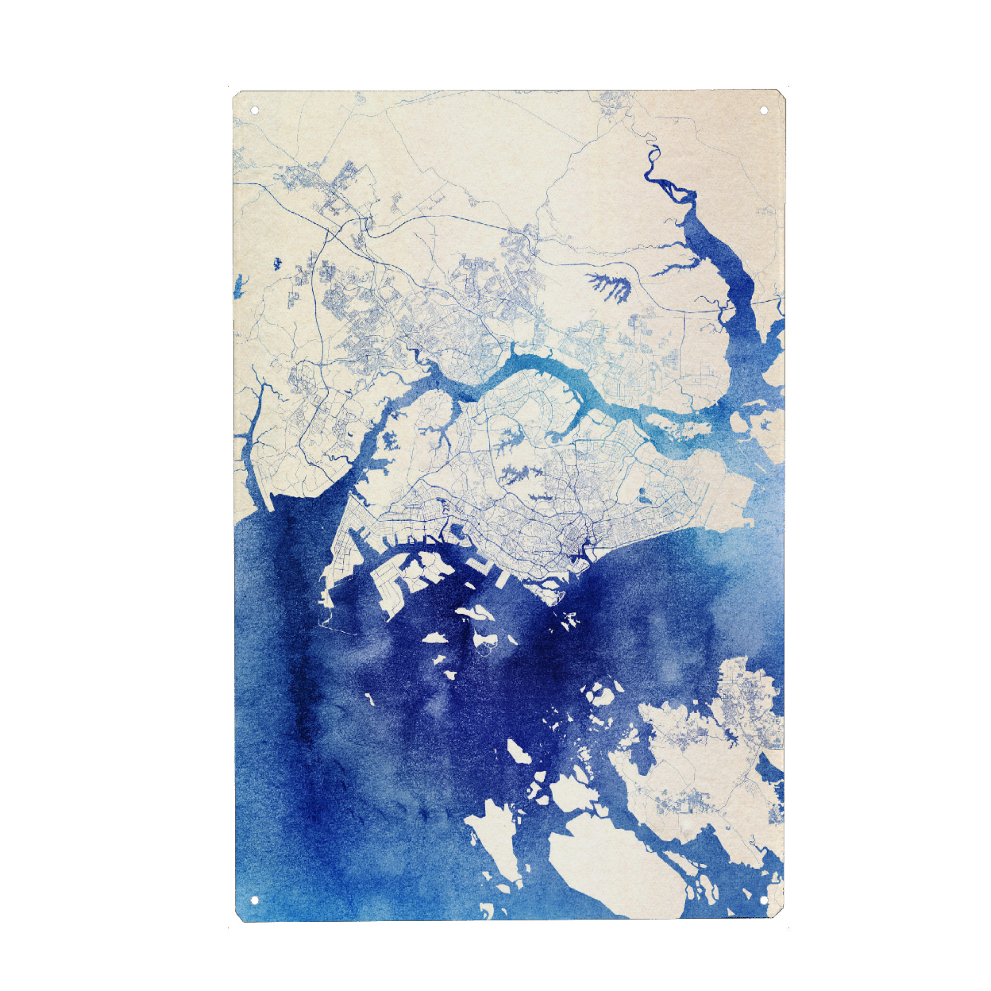 Metall Poster "Singapur Blue Infusion Map I" artboxONE - Städte,Reise,Kartografie - Städte,Stadtkarte,Wasserfarbe,Rosequartz - Blechschild