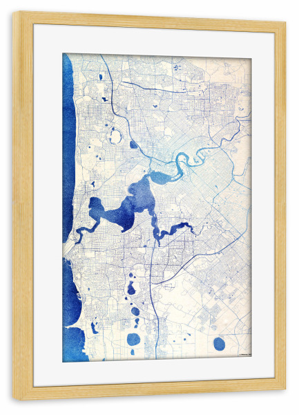Poster mit Rahmen kiefer "Perth Australien Blue Infusion Map I" artboxONE - Städte,Reise,Kartografie - Städte,Stadtkarte,Wasserfarbe,Rosequartz