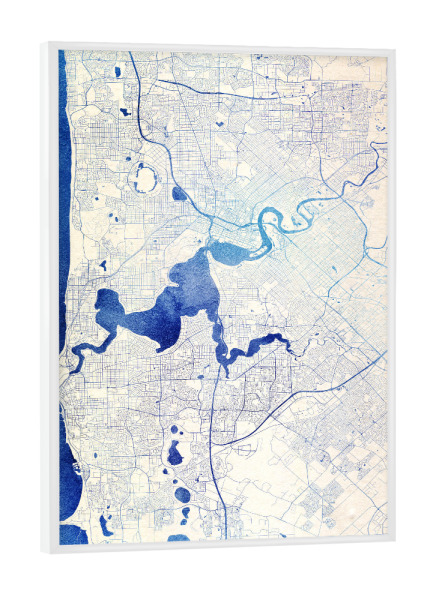 Poster mit weißem Rahmen "Perth Australien Blue Infusion Map I" artboxONE - Städte,Reise,Kartografie - Städte,Stadtkarte,Wasserfarbe,Rosequartz