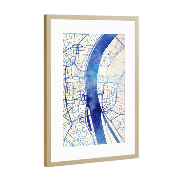 Poster mit Rahmen Gold "Köln Deutschland Blue Infusion Map I" artboxONE - Städte,Reise,Kartografie - Städte,Stadtkarte,Wasserfarbe,Rosequartz