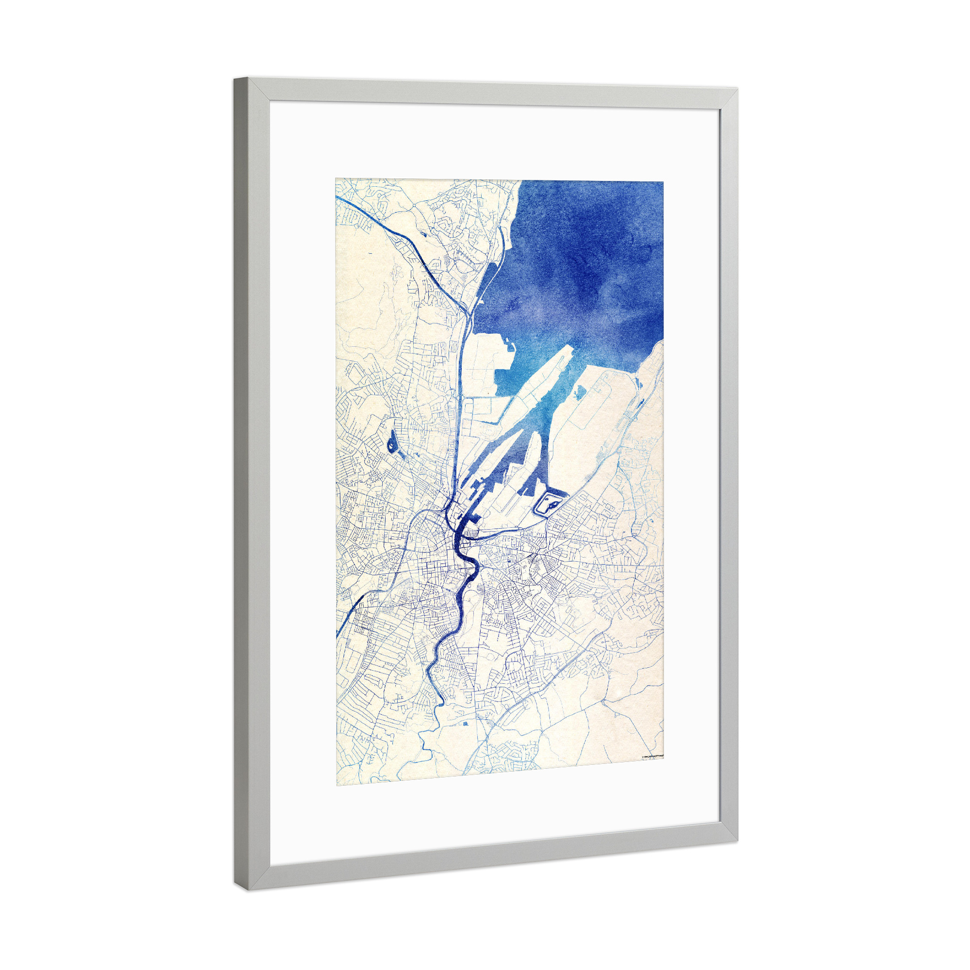 Poster mit Rahmen Silber "Belfast Nordirland Blue Infusion Map I" artboxONE - Städte,Reise,Kartografie - Städte,Stadtkarte,Wasserfarbe,Rosequartz