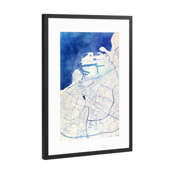 Poster mit Rahmen Schwarz (Metallic) "Malmö Schweden Blue Infusion Map II" artboxONE - Städte,Reise,Kartografie