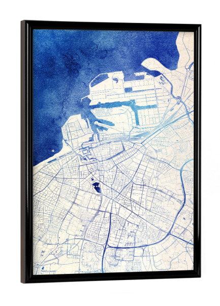 Poster mit schwarzem Rahmen "Malmö Schweden Blue Infusion Map II" artboxONE - Städte,Reise,Kartografie - Städte,Stadtkarte,Wasserfarbe,Rosequartz