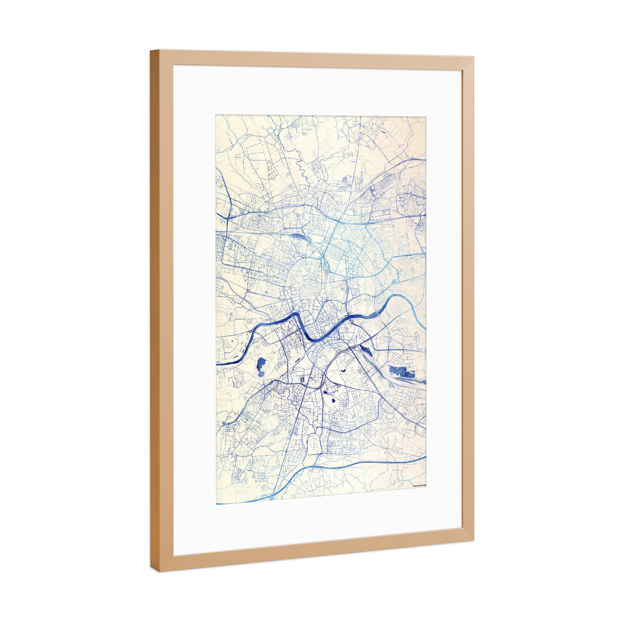 Poster mit Rahmen Kupfer "Krakau Polen Blue Infusion Map II" artboxONE - Städte,Reise,Kartografie - Städte,Stadtkarte,Wasserfarbe,Rosequartz