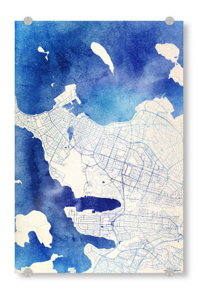 Acrylglasbild "Reykjavík Island Blue Infusion Map II" artboxONE - Städte,Reise,Kartografie - Städte,Stadtkarte,Wasserfarbe,Rosequartz