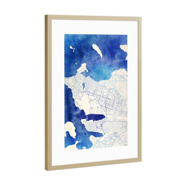 Poster mit Rahmen Gold "Reykjavík Island Blue Infusion Map II" artboxONE - Städte,Reise,Kartografie - Städte,Stadtkarte,Wasserfarbe,Rosequartz