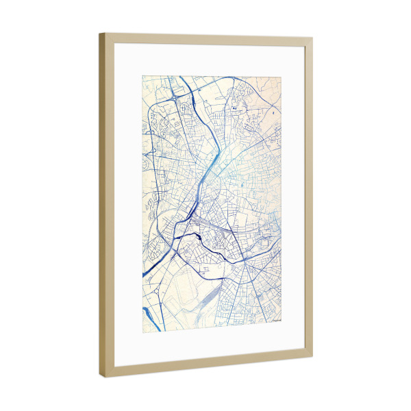 Poster mit Rahmen Gold "Le-Mans Frankreich Blue Infusion Map I" artboxONE - Städte,Reise,Kartografie - Städte,Stadtkarte,Wasserfarbe,Rosequartz