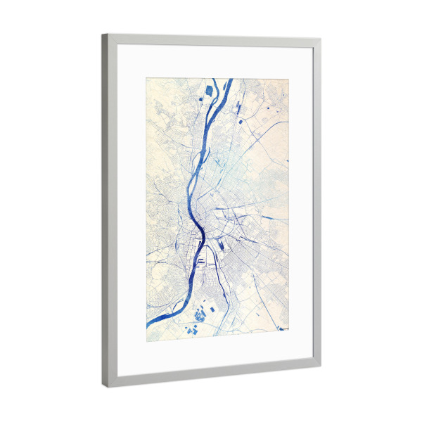 Poster mit Rahmen Silber "Budapest Ungarn Blue Infusion Map I" artboxONE - Städte,Reise,Kartografie - Städte,Stadtkarte,Wasserfarbe,Rosequartz