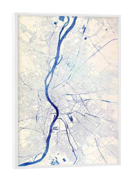 Poster mit weißem Rahmen "Budapest Ungarn Blue Infusion Map I" artboxONE - Städte,Reise,Kartografie - Städte,Stadtkarte,Wasserfarbe,Rosequartz