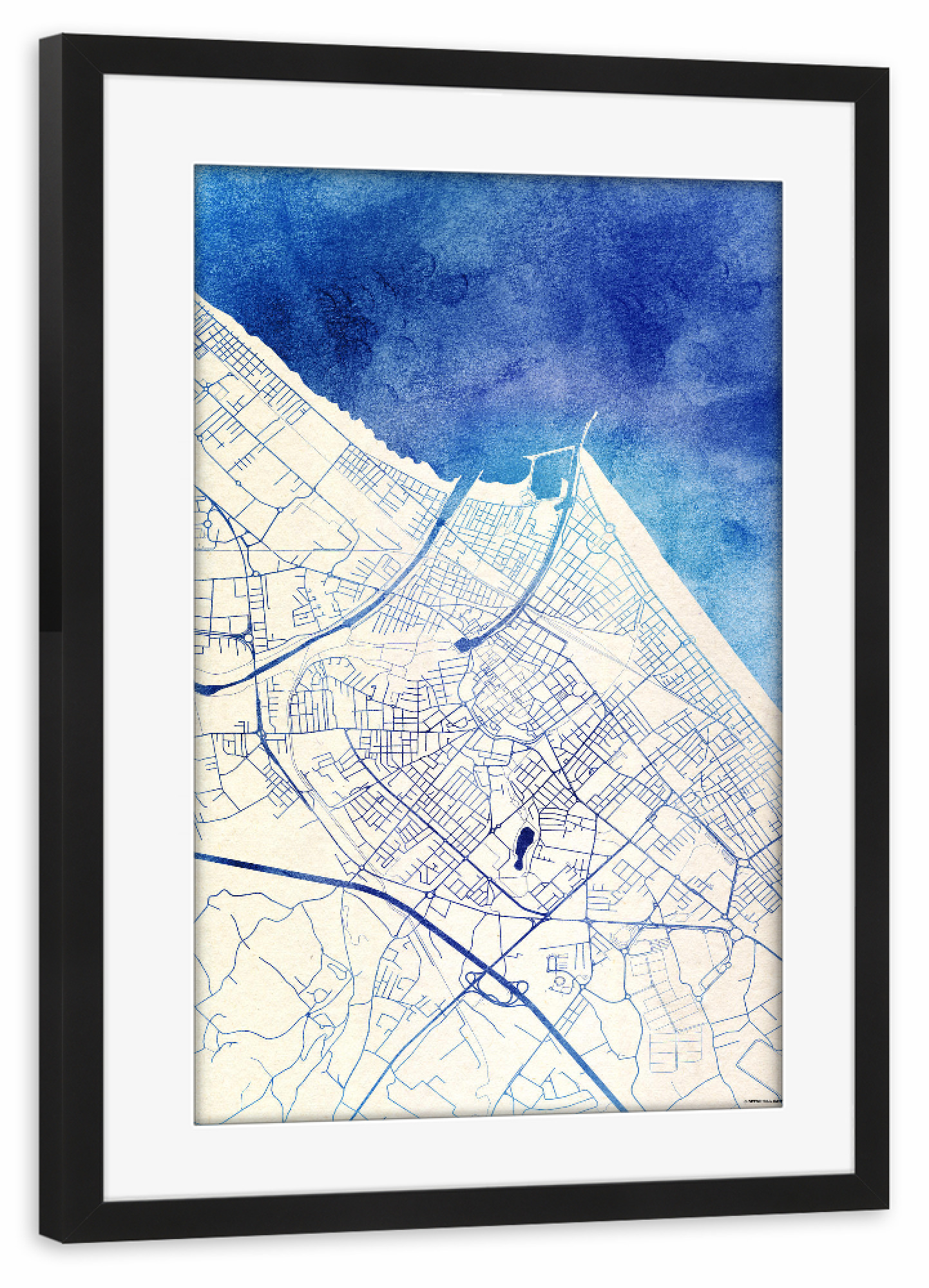 Poster mit Rahmen schwarz "Rimini Italien Blue Infusion Map II" artboxONE - Städte,Reise,Kartografie - Städte,Stadtkarte,Wasserfarbe,Rosequartz