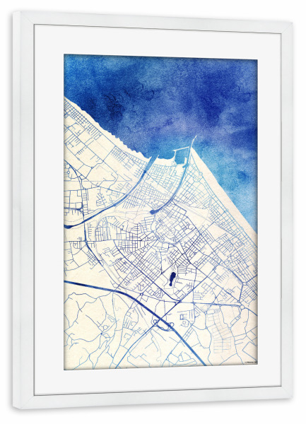 Poster mit Rahmen weiß "Rimini Italien Blue Infusion Map II" artboxONE - Städte,Reise,Kartografie - Städte,Stadtkarte,Wasserfarbe,Rosequartz