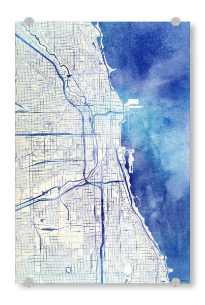 Acrylglasbild "Chicago USA Blue Infusion Map II" artboxONE - Städte,Reise,Kartografie - Städte,Stadtkarte,Wasserfarbe,Rosequartz