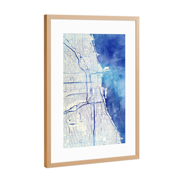 Poster mit Rahmen Kupfer "Chicago USA Blue Infusion Map II" artboxONE - Städte,Reise,Kartografie - Städte,Stadtkarte,Wasserfarbe,Rosequartz